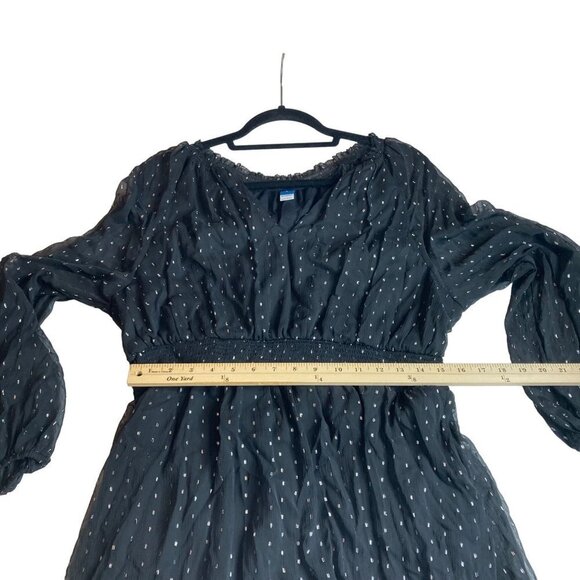 Old Navy Black Metallic Silver‎ Balloon Sleeve Dress Sz L Dressy Chiffon Boho - Picture 5 of 7